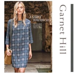 Garnet Hill Blue Patterned Silk Shift Dress